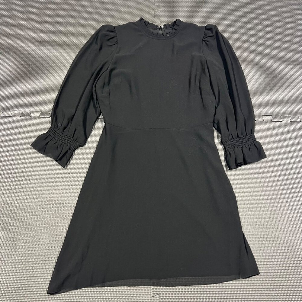 Wilfred Black Long-Sleeve A-Line Dress With Ruffle Neck & Smocked Cuffs